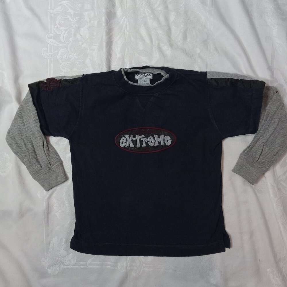 Extreme Zone Logo Boy's Navy Blue Gray Long Sleeve Shirt Size 6X Cotton 90s Vtg